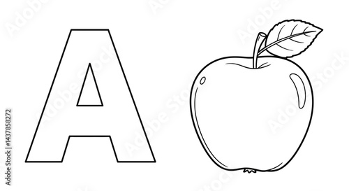 "Apple alphabet: Illustrating the letter 'A' and a crisp, delicious apple, this image is ideal for educational resources and creative projects.