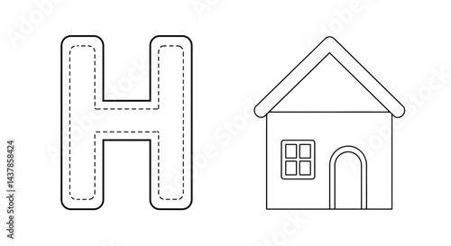 "Alphabet "H" with House Illustration: A charming illustration shows the letter "H" alongside a simplified depiction of a house, perfect for educational or design applications.