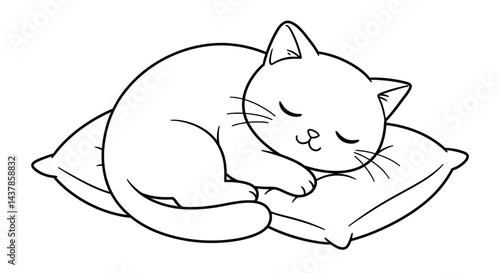 Cute Kitten's Slumber: A monochrome image depicts a serene moment of rest as a charming kitten peacefully slumbers upon a soft pillow, evoking a sense of calm and tranquility.