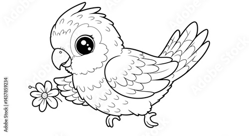 Playful Parrot: Adorable animated parrot is holding flower and full of personality. A charming image of a parrot brings a sense of nature.