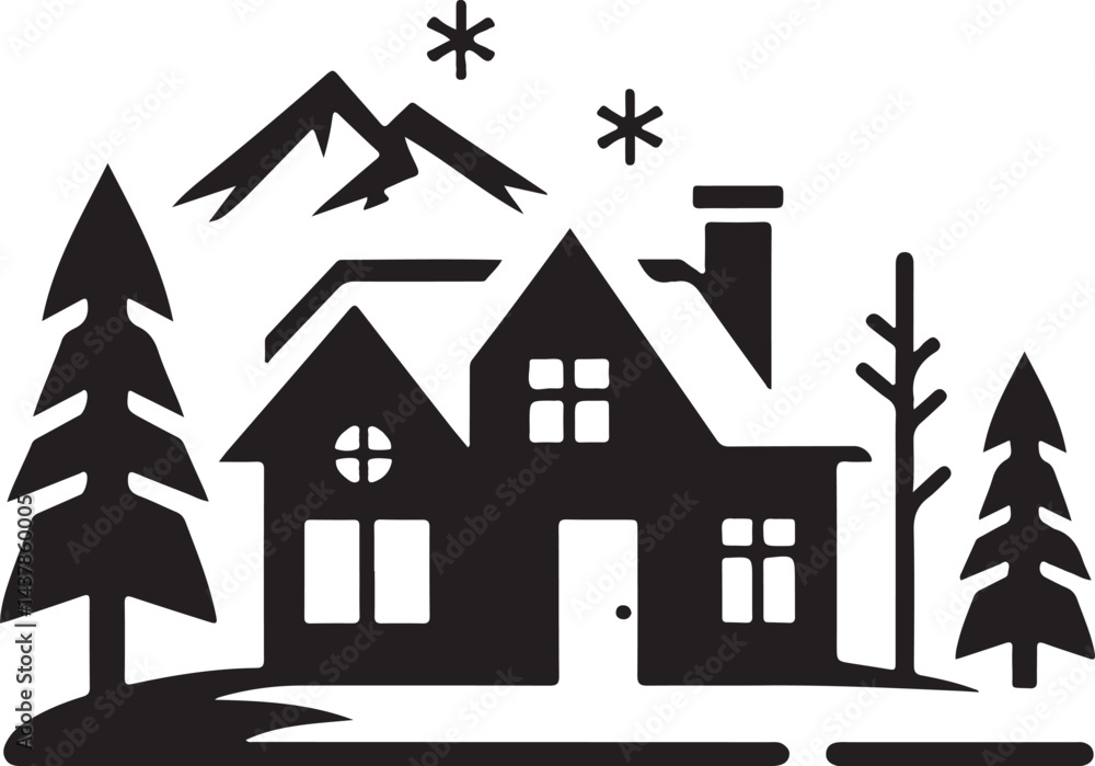 Naklejka premium Winter Cabin House Silhouette Vector Design