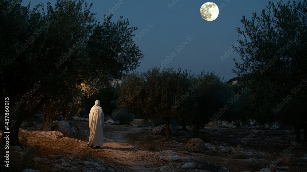 A traveler strolls through a quiet olive grove illuminated by the bright light of a full moon. The peaceful atmosphere evokes a sense of calm and reflection in the night