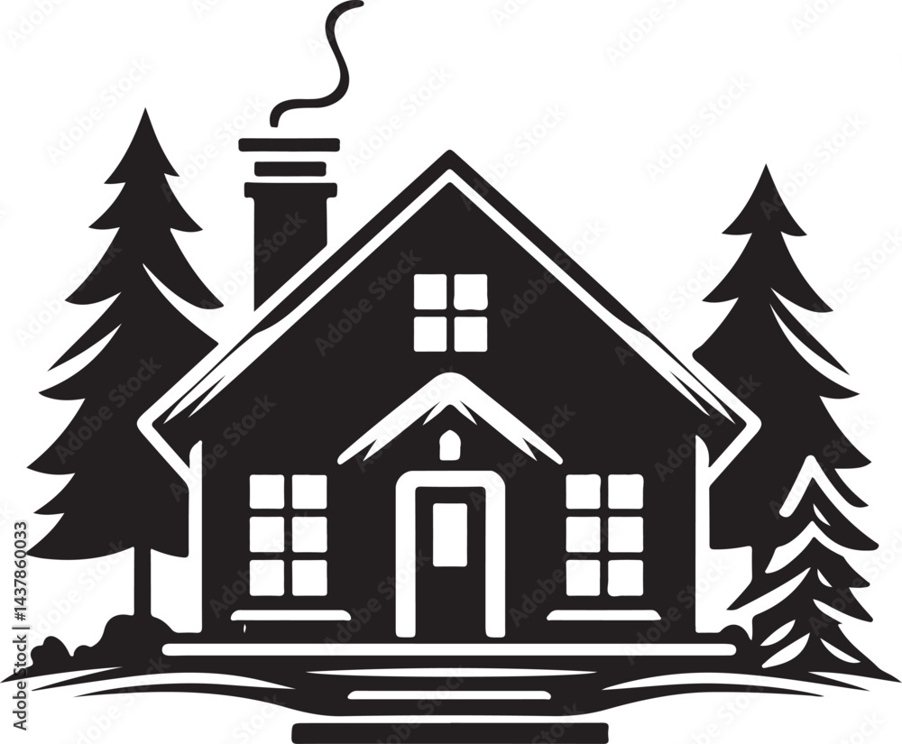 Snowy House Scene Silhouette Vector Illustration Snowy House Scene Silhouette Vector Illustration