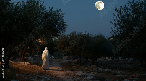 Obraz na płótnie A traveler strolls through a quiet olive grove illuminated by the bright light of a full moon. The peaceful atmosphere evokes a sense of calm and reflection in the night w salonie