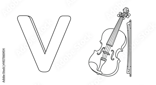 "Letter V with a Violin: A black and white illustration of the letter 'V' and a Violin, symbolizing musicality. The stark contrast and simple design lend a modern.