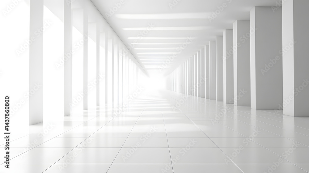 Obraz premium Exploring minimalist architecture modern gallery interior design pure white background wide-angle view