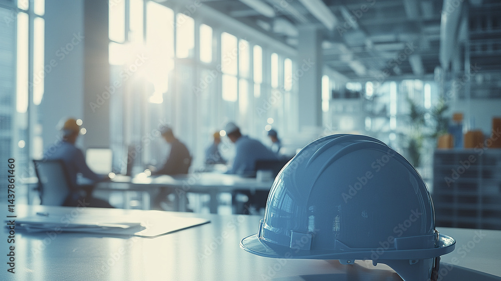 Obraz premium hard hat rests on table while builders collaborate in bright office space