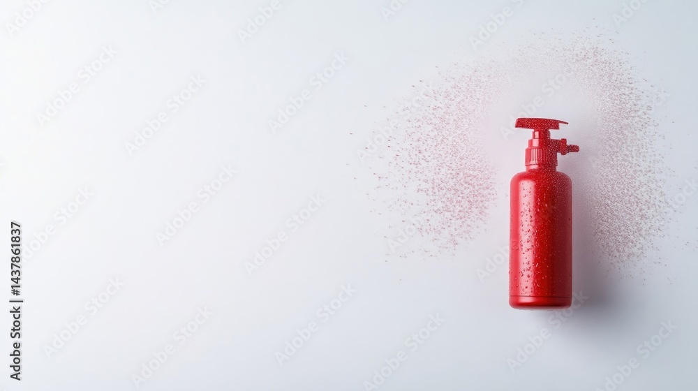 Obraz premium Red bottle of cosmetic product on white background. Splashes of red cosmetic product surround the bottle