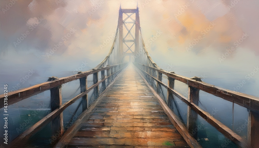 Fototapeta premium Wooden Footbridge Surrounded by Early Morning Haze