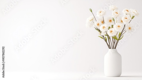Wallpaper Mural A white vase filled with delicate white flowers standing on a minimalist white surface, bright and clean background, and simple and elegant floral arrangement. Torontodigital.ca