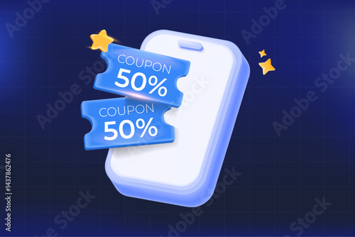 3D vector illustration, mobile phone with 50% discount coupons, for online shopping, e-commerce sales, promo codes, and digital marketing campaigns