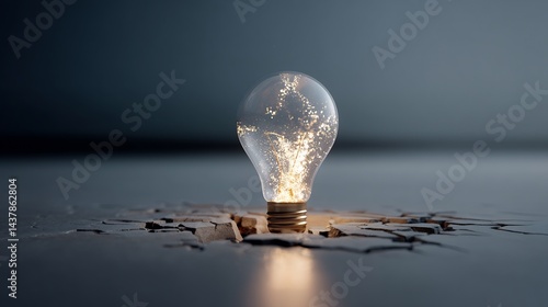 A bright, crackling idea represented by a lightbulb shattering the surface