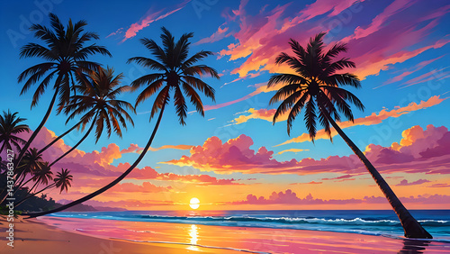 Colorful Tropical Sunset on the Beach, Bright Sky with Shades of Pink, Orange and Blue, Tall Curved Palm Trees in the Foreground, Calm Ocean Waves, Sun Reflection on the Water