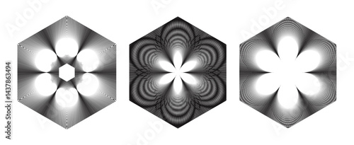 Vector illustration set featuring hexagonal geometric flower designs with line art, including the seed of life and lotus symbols. a floral patterns, blending spiritual and artistic elements.