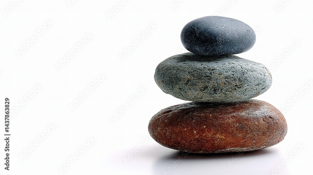 Three Smooth Stones Stacked Vertically in a Calm Balance on White Three Smooth Stones Stacked Vertically in a Calm Balance on White