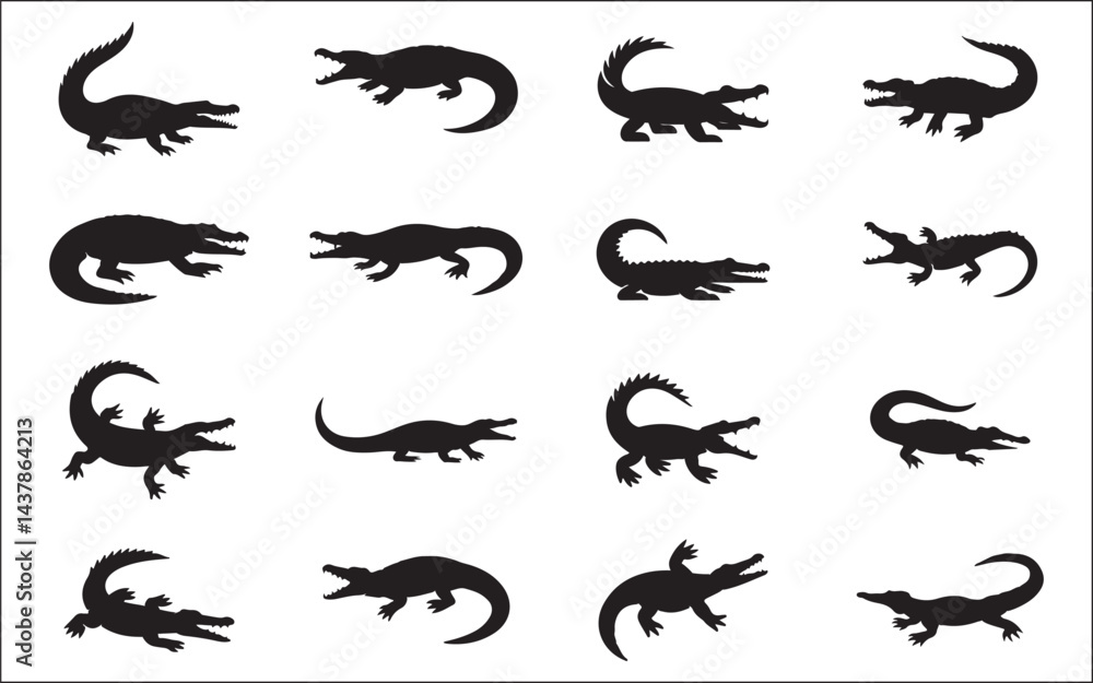 Obraz premium Crocodile vector silhouette illustration.Crocodile and alligator silhouette set.Alligator Silhouette Set alligator, crocodile, high angle view, shadow, in silhouette, animal body part, animal mouth, 