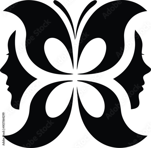 Butterfly Silhouette with Girl Faces. Abstract Black and White Vector Illustration 