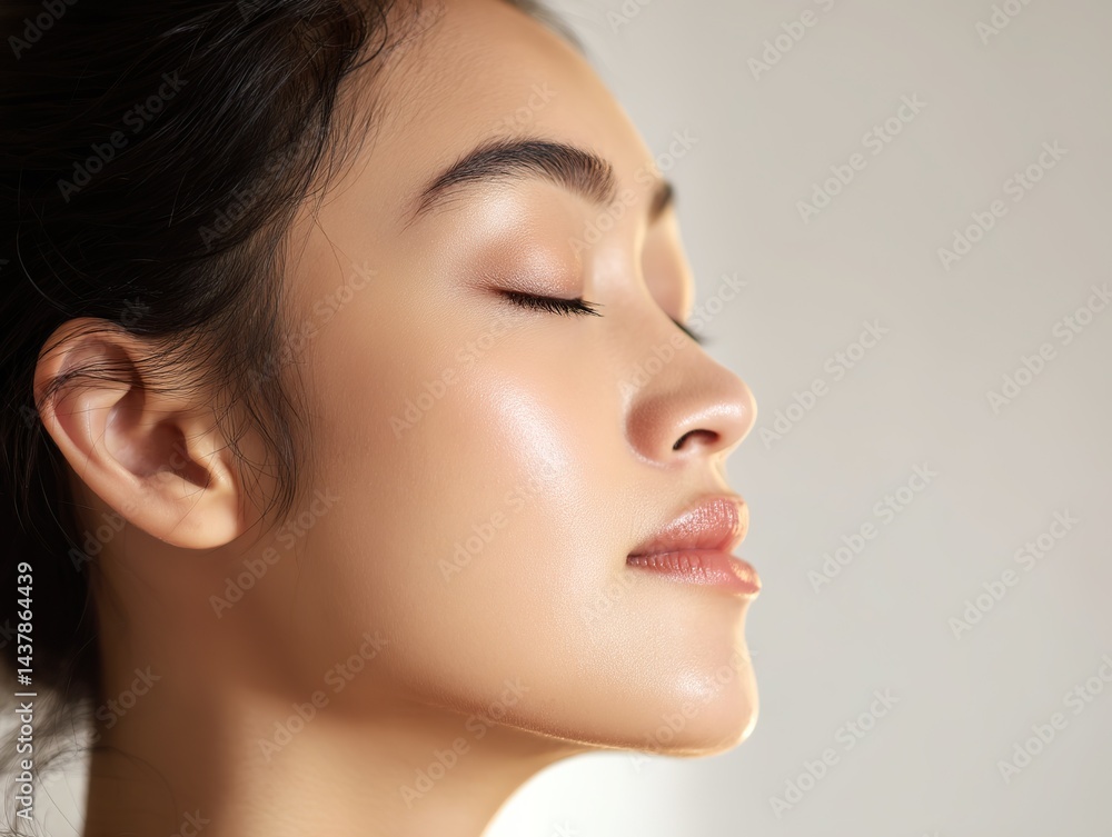 Asian beauty closes her eyes during a skincare commercial shoot and shows a close-up of her side face on a white background, highlighting her perfect facial features and delicate skin texture. Asian beauty closes her eyes during a skincare commercial shoot and shows a close-up of her side face on a white background, highlighting her perfect facial features and delicate skin texture.
