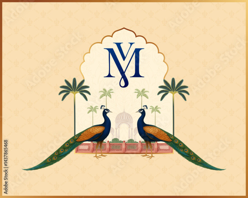 Wedding logo featuring peacocks, tradition, luxury, and a palace background