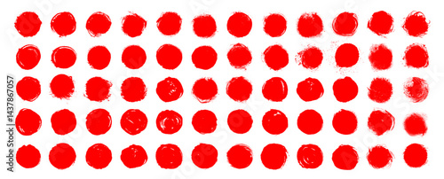 Japanese flag circles. Grungy vector red ink circles. Brush hand drawn textured punk style round shapes. Artistic Chinese or Korean design elements. Sun symbols. Each element is united and isolated