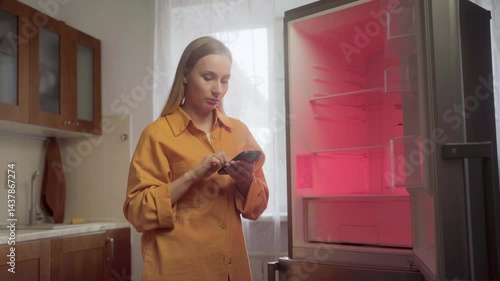 Frustrated female contacting refrigerator repair service through smartphone, checking malfunction signaled by red warning light inside modern kitchen appliance