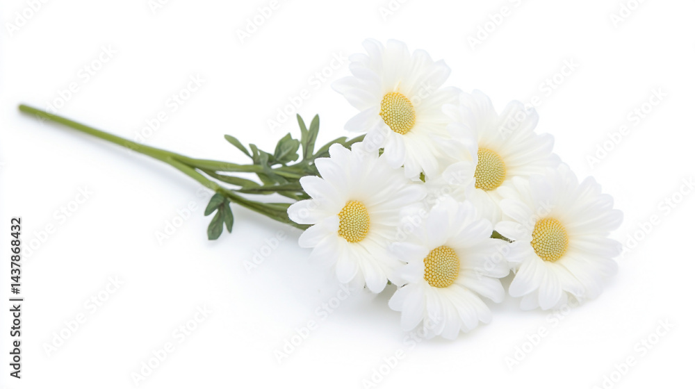 Fototapeta premium Single fresh cherry blossom flower with thin stem, isolated on pure white background, natural pink tones,