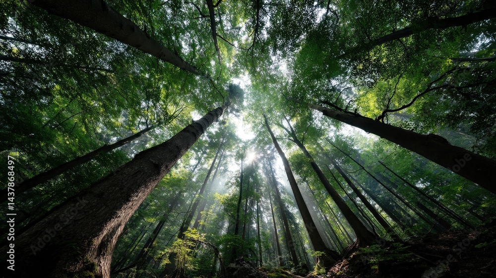 Illuminated forest canopy natural habitat realistic photograph green environment ground view glowing light effects Illuminated forest canopy natural habitat realistic photograph green environment ground view glowing light effects
