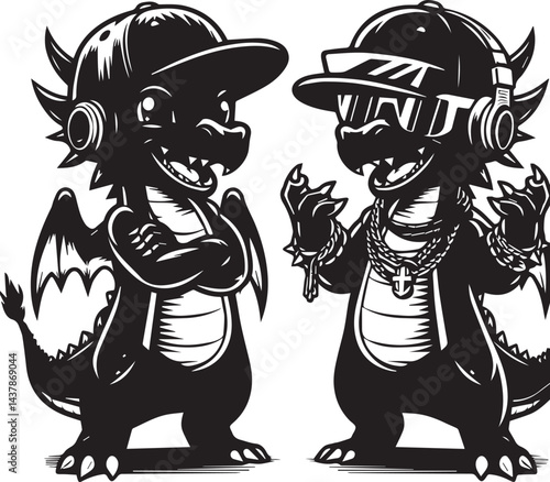Hip-Hop Dragons in Stylish Streetwear. Three stylized dragons, dressed in trendy hip-hop attire, including baseball caps, sunglasses, and chains.