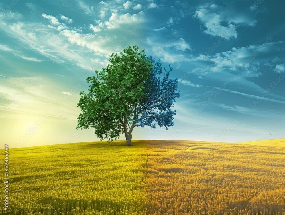 Obraz premium Vibrant Spring Landscape with Green Tree and Golden Rapeseed Field Under Blue Sky - Hyper-Realistic 3D Render