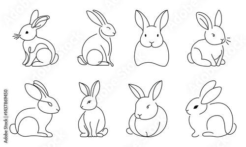 Set of simple rabbits line drawing black and white
