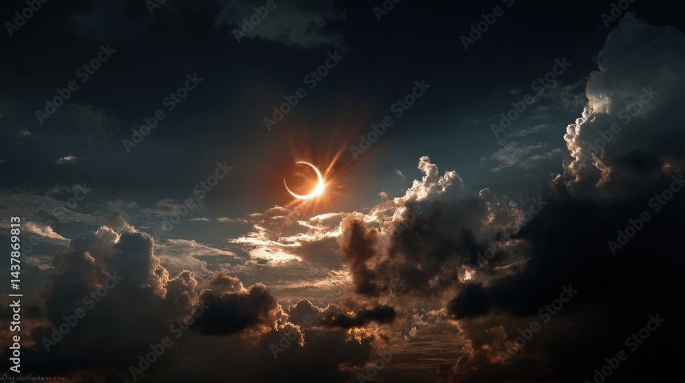 Obraz premium Glowing solar eclipse event sky view nature photography dramatic clouds celestial phenomenon