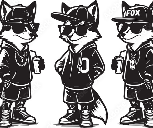 Hip-Hop Foxes in Trendy Hats and Sunglasses. Set of four stylized black and white illustrations of foxes dressed in trendy hip-hop attire.