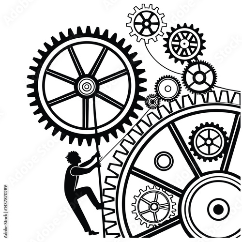 Man Pushing Large Gear in Complex Machine System