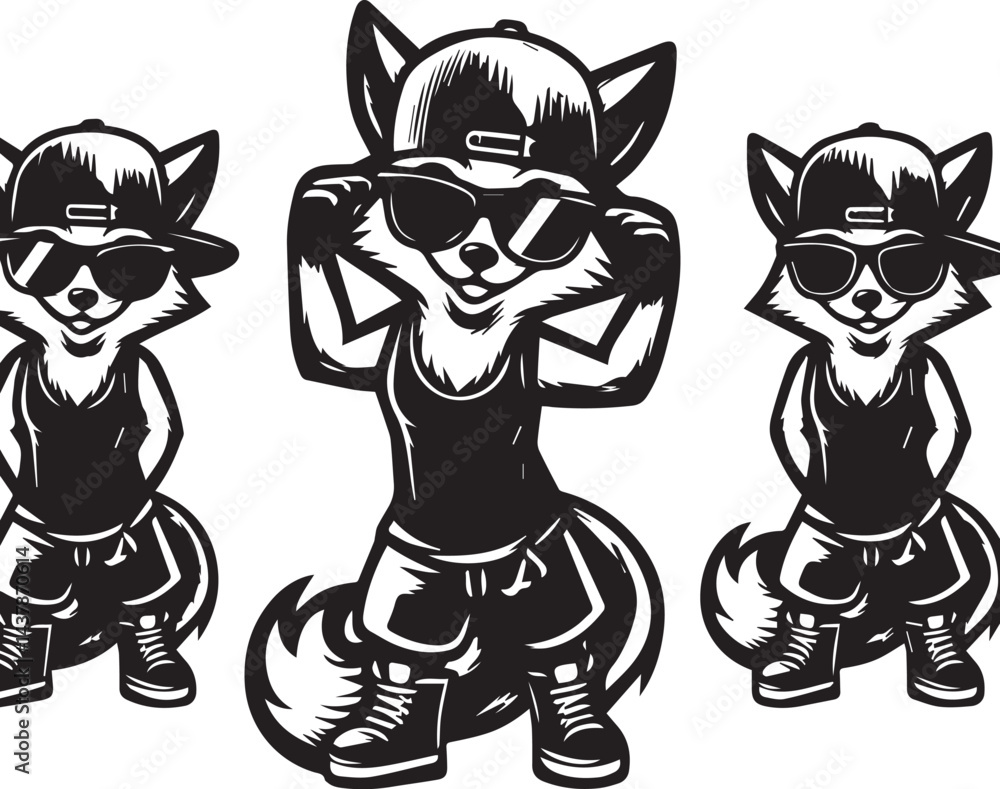 Hip-Hop Foxes in Trendy Hats and Sunglasses. Set of four stylized black and white illustrations of foxes dressed in trendy hip-hop attire. Hip-Hop Foxes in Trendy Hats and Sunglasses. Set of four stylized black and white illustrations of foxes dressed in trendy hip-hop attire.