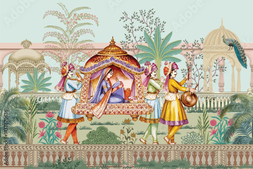 Colorful vector illustration of an Indian Mughal palki (palanquin) with peacock and floral plants, perfect for wedding invitations