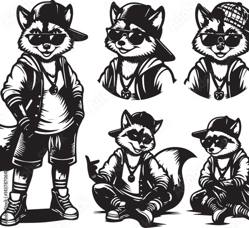 Hip-Hop Foxes in Trendy Hats and Sunglasses. Set of four stylized black and white illustrations of foxes dressed in trendy hip-hop attire.