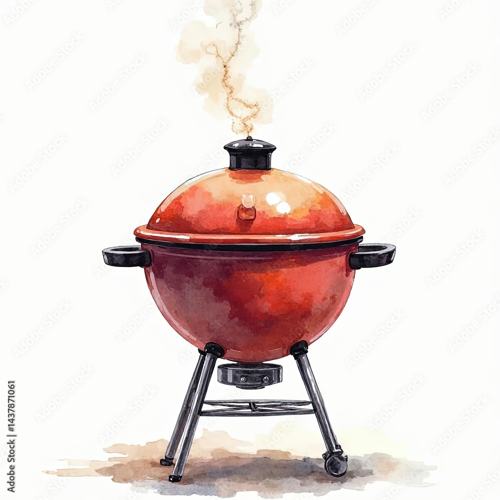 Smoked Red Kettle Grill, Outdoor Cooking, Summer BBQ, Stainless Steel, Metal, Food, Delicious Watercolor Illustration Smoked Red Kettle Grill, Outdoor Cooking, Summer BBQ, Stainless Steel, Metal, Food, Delicious Watercolor Illustration