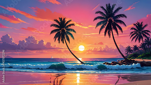 Colorful Tropical Sunset on the Beach, Bright Sky with Shades of Pink, Orange and Blue, Tall Curved Palm Trees in the Foreground, Calm Ocean Waves, Sun Reflection on the Water