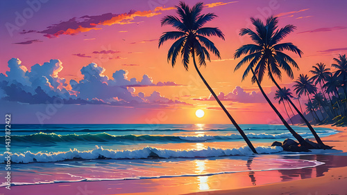Colorful Tropical Sunset on the Beach, Bright Sky with Shades of Pink, Orange and Blue, Tall Curved Palm Trees in the Foreground, Calm Ocean Waves, Sun Reflection on the Water