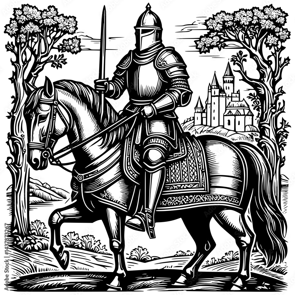 Medieval knight on horse style vector illustration. Medieval knight on horse style vector illustration.