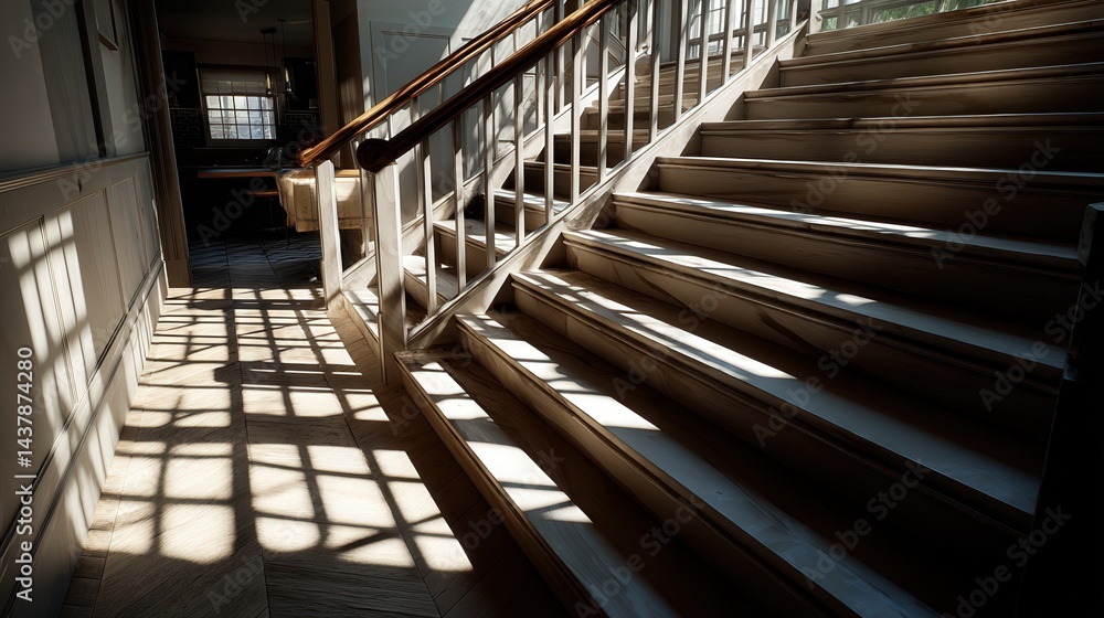 Sunlight shadows create intricate patterns indoor staircase realistic photograph low light angled view artistic concept Sunlight shadows create intricate patterns indoor staircase realistic photograph low light angled view artistic concept