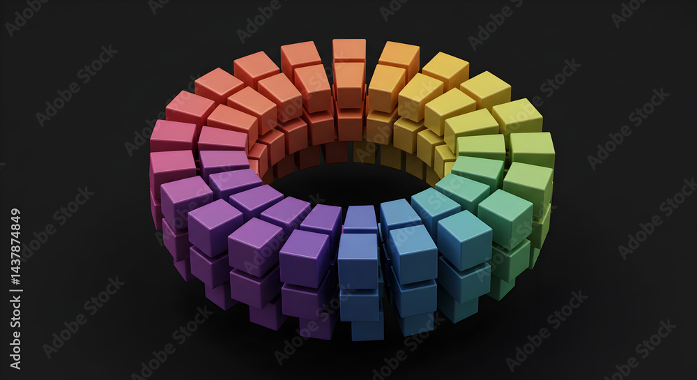 Obraz premium Colorful Circle Of Cubes Abstract Arrangement On Black Background