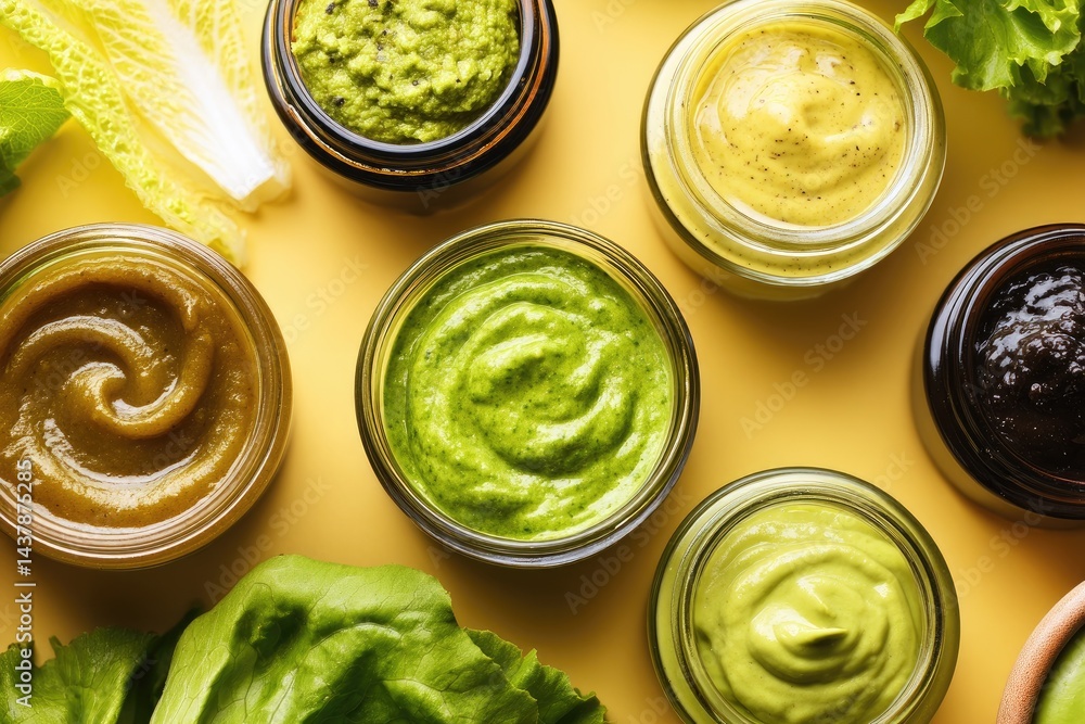 Various vibrant dips and sauces arranged on yellow background, with fresh lettuce Various vibrant dips and sauces arranged on yellow background, with fresh lettuce