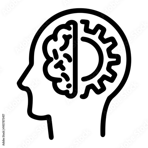 Profile outline of a head with one half depicting a brain and the other a gear. Symbolizing the combination of human intelligence and mechanical processes. Black and white graphic