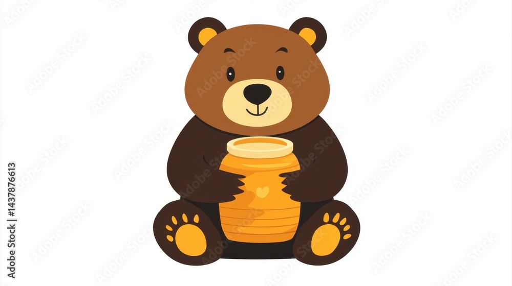 Fototapeta premium Cute cartoon bear character holding a honey jar with a joyful expression in a vibrant and playful illustration