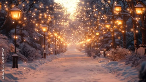 Enchanting winter forest illuminated by glowing lanterns