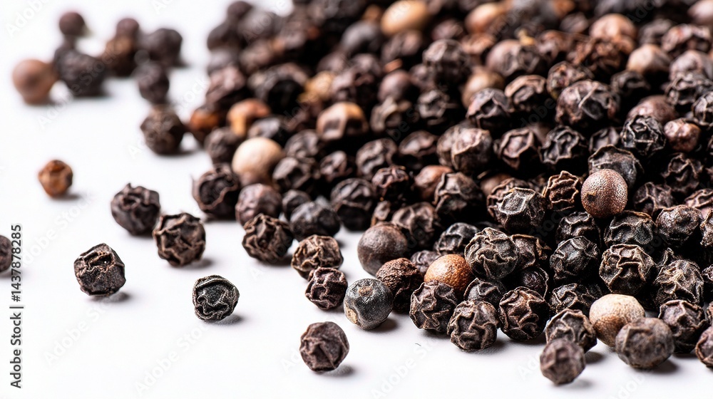 Scattered Round Black Peppercorns on White Background Scattered Round Black Peppercorns on White Background