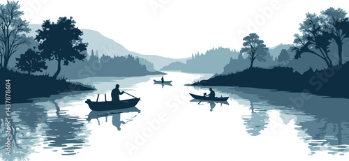 Peaceful River Canoeing – Scenic Landscape with Silhouetted Rowers