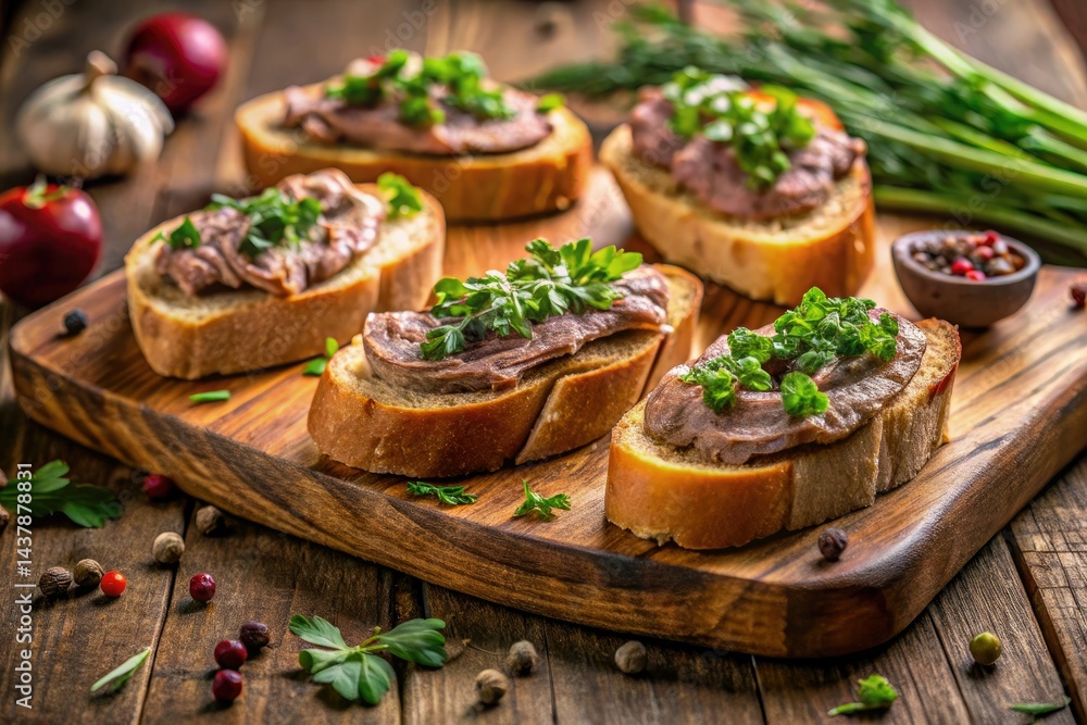 Overhead Shot of Delicious Bruschetta with Homemade Duck Liver Pâté - Gourmet Food Photography Overhead Shot of Delicious Bruschetta with Homemade Duck Liver Pâté - Gourmet Food Photography