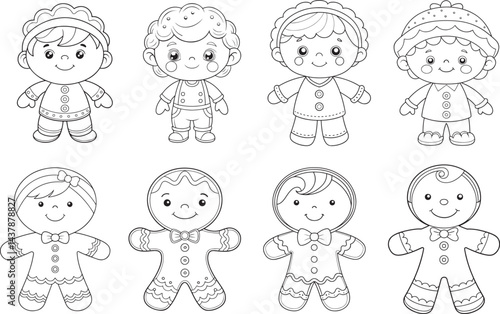 Adorable gingerbread kids and children coloring page charming line art simple design